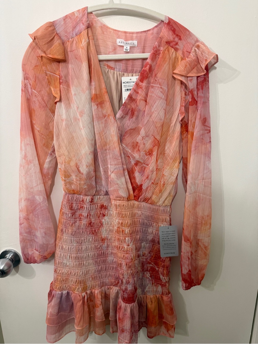 Socialite Pink and Orange Watercolor Ruffle Long Sleeve Dress